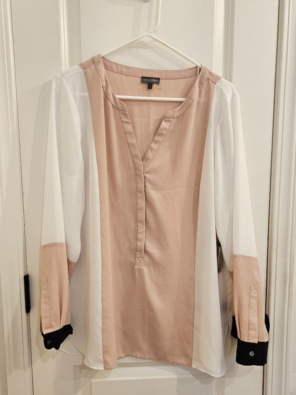 Vince Camuto NWT Quiet Luxury Colorblock Blouse Rose Dust White Black L
